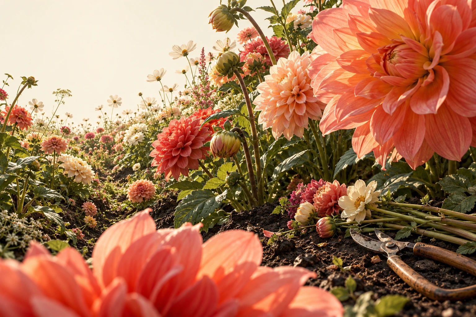 Illustrative flowers and gathered stems; not the farm or its current flowers